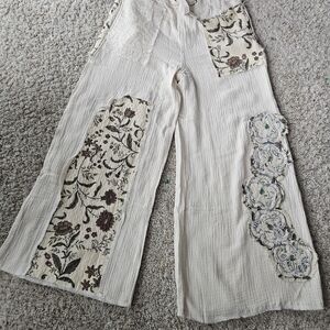 POL Cream Wide Leg Patchwork Pants with Floral Panels